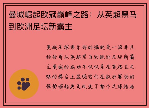 曼城崛起欧冠巅峰之路：从英超黑马到欧洲足坛新霸主